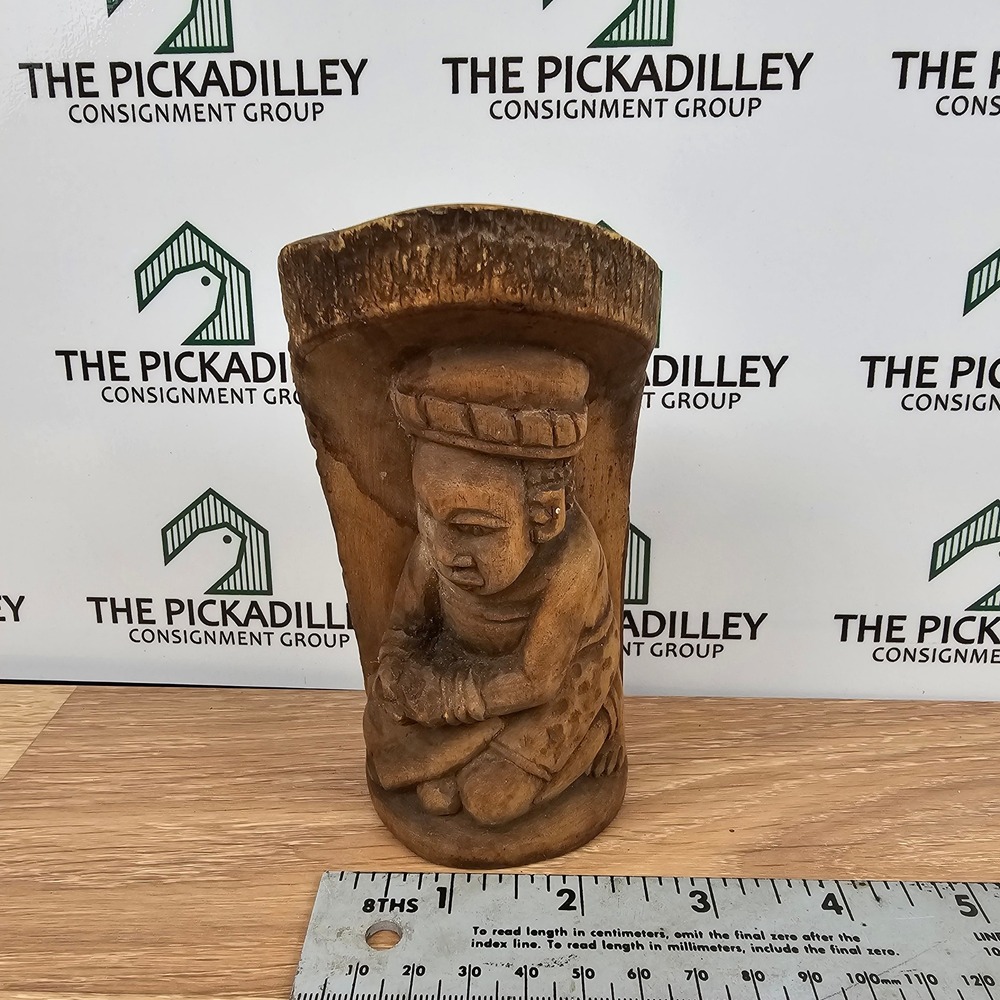 Vintage Hand Carved Wood Figure Sculpture Seated Tribal Folk Art Log Statue 4.5"